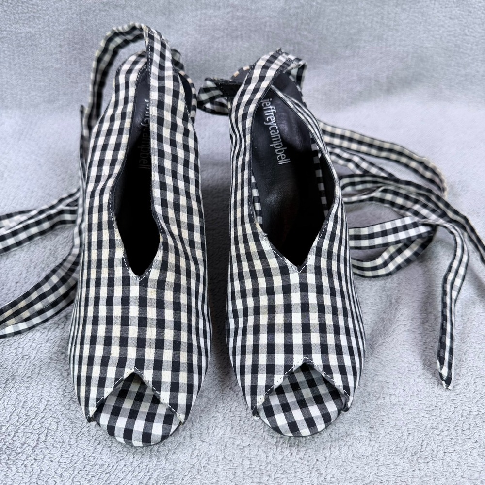 Jeffrey Campbell Womens 9 Black Gingham Fabric Verlina-GT Ankle Tie Wedge Sandal